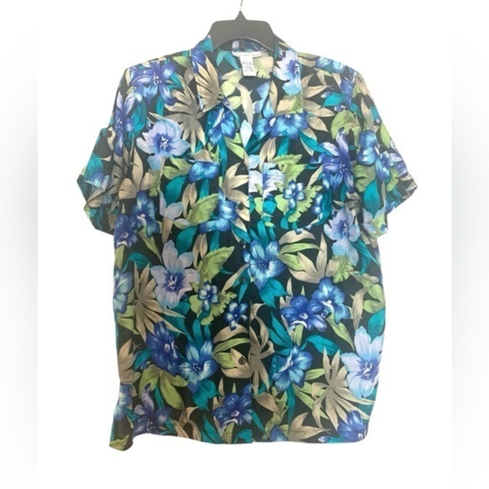 Vintage Anna and Frank Silk Floral Hawaiian Shirt Short Sleeve Blue Green Large